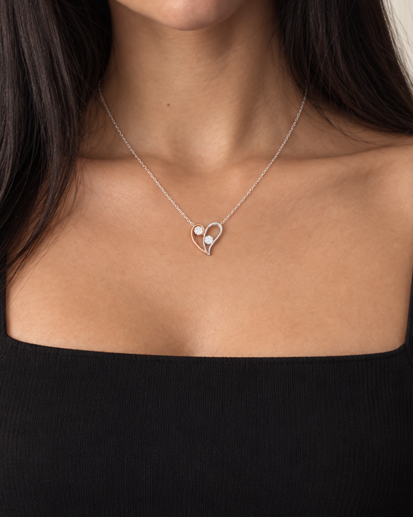 Two-Tone Heart Necklace, farther worn view