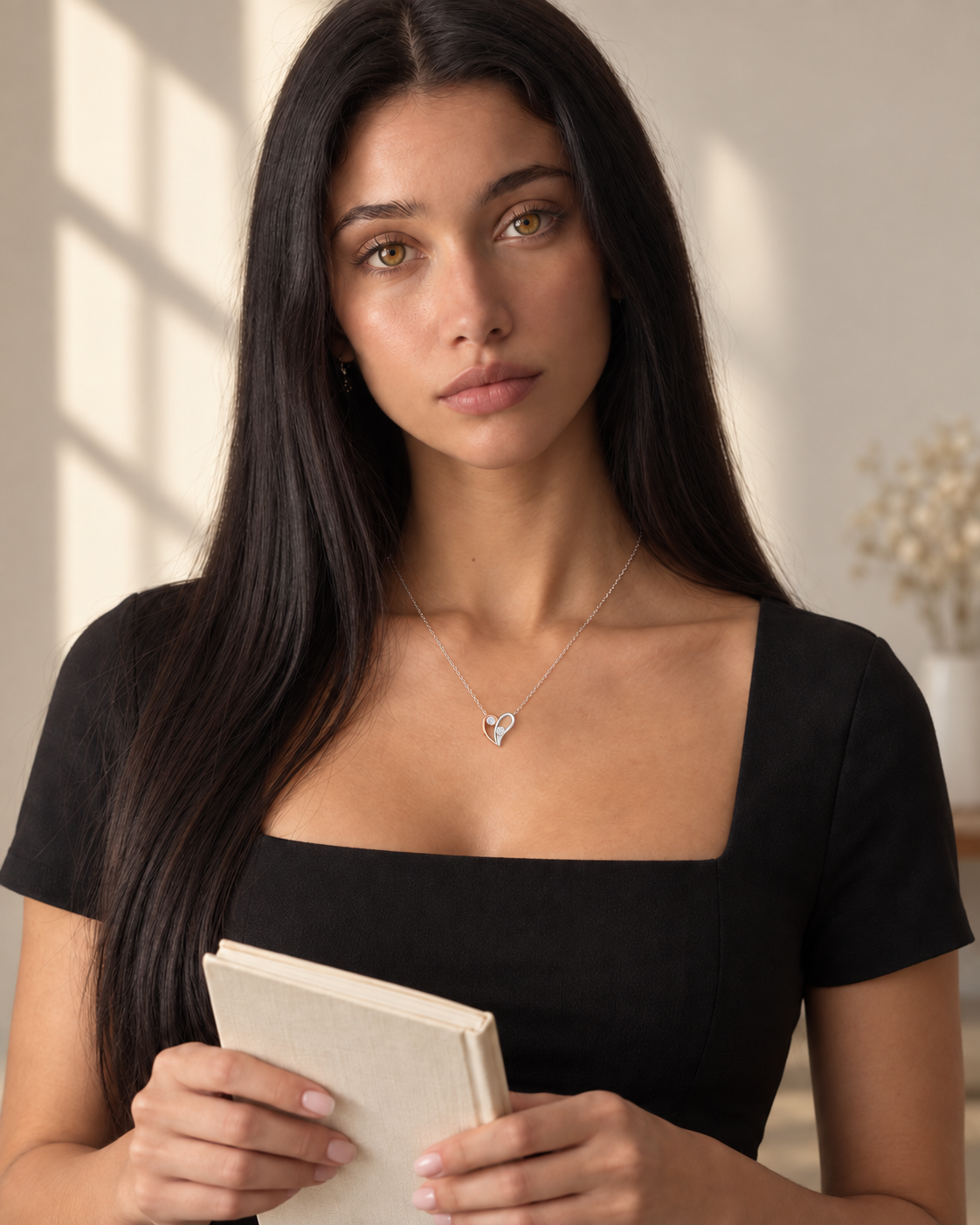 Two-Tone Heart Necklace, studio portrait with a book