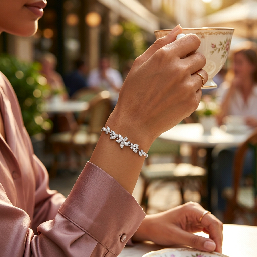 A woman enjoying a cup of coffee while showing the Marquise Vine bracelet on her wrist, highlighting the elegant, everyday wear style of the brilliant lab grown diamonds.