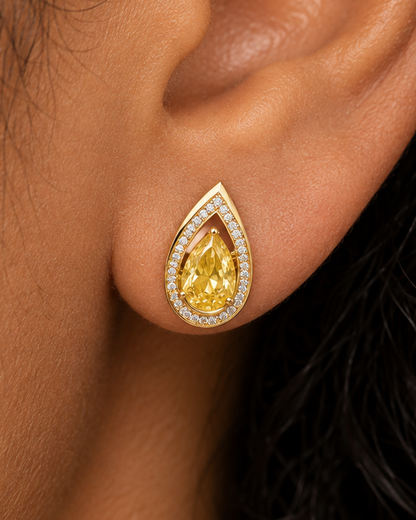Yellow Pear Studs, close worn view